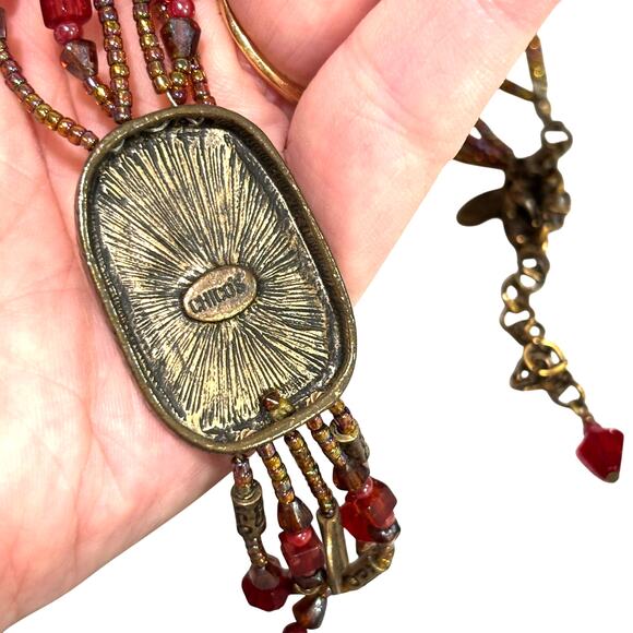 Chico’s unique beaded multistrand pendant necklace tassels red & goldtone - Picture 6 of 7